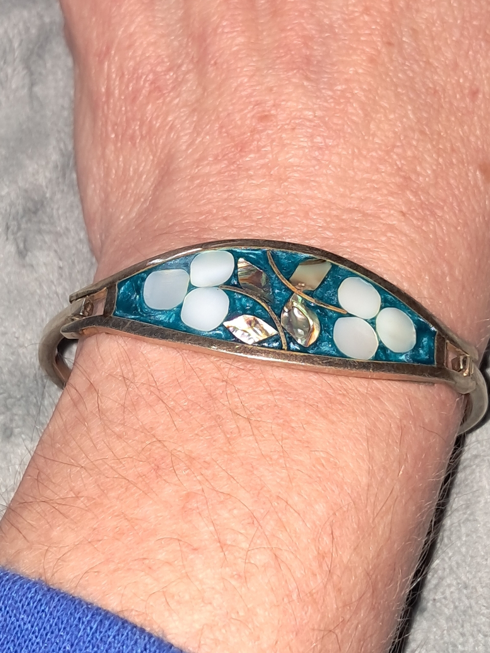Vintage Mexico 925 Blue Inlay Floral Bangle Bracelet